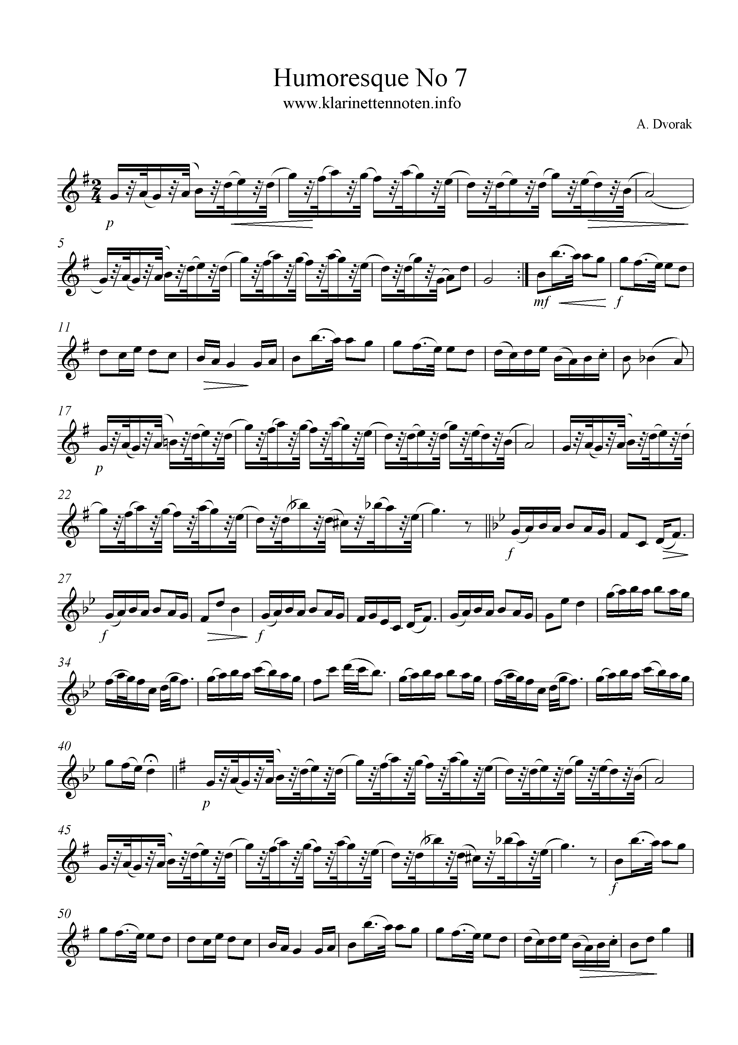 Humoreske No 7 Dvorak , Clarinet, Klarinette